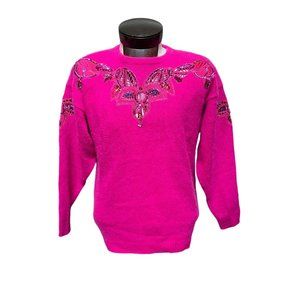 I.B. Diffusion‎ Vintage Pink Embroidered Beaded Silk Sweatshirt Sweater Size LG
